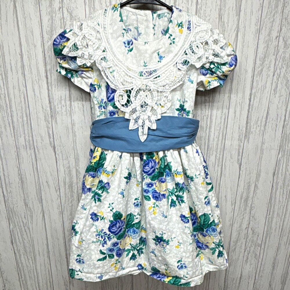 Jinelle Girls Size 7 White Floral Lace Collar Puff Sleeve Fit & Flare Dress